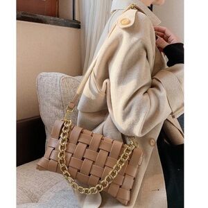 Zenana Premium SOFT LEATHER WOVEN WEAVED SHOULDER BAG with Gold Chain
